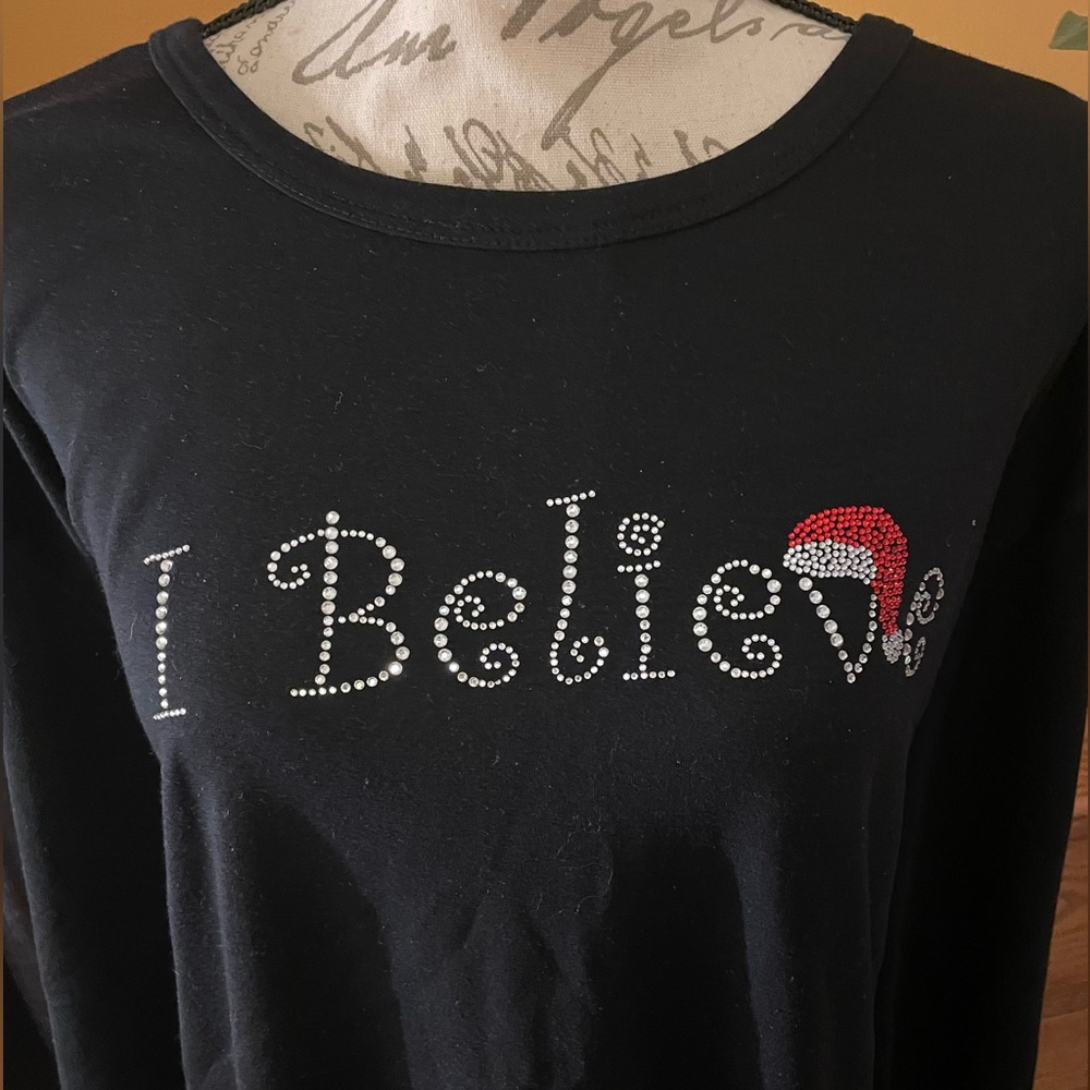 Christmas shirt "I believe" 3/4 sleeve black rhinestone shirt